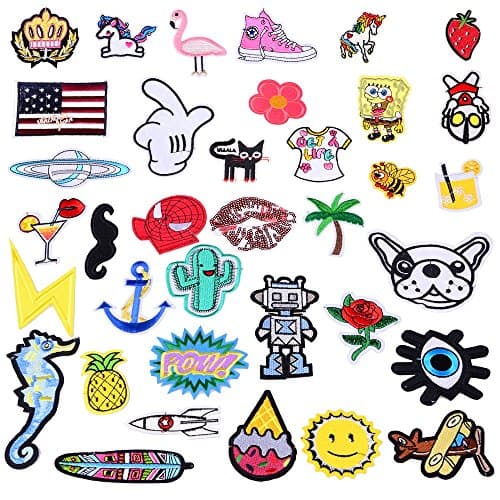 36 Pcs Random Assorted Iron-On Embroidered Motif Applique Glitter Sequin Decoration Patches 1-5 Inches Assorted Size DIY Sew on Patch Perfect for Jeans, Clothing