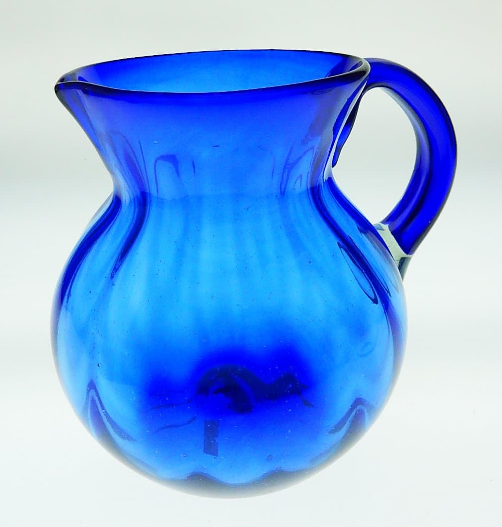 Mexican Glass Juice or Water Pitcher, Solid Blue Design, Bola or Bowl Shape Design, 2 quarts