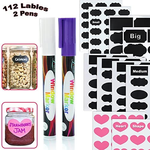 Chalkboard Labels 112 Large, Medium & Small | Waterproof, Reusable Labels for Marking Spice Jars & Food Containers | White & Purple Markers Included