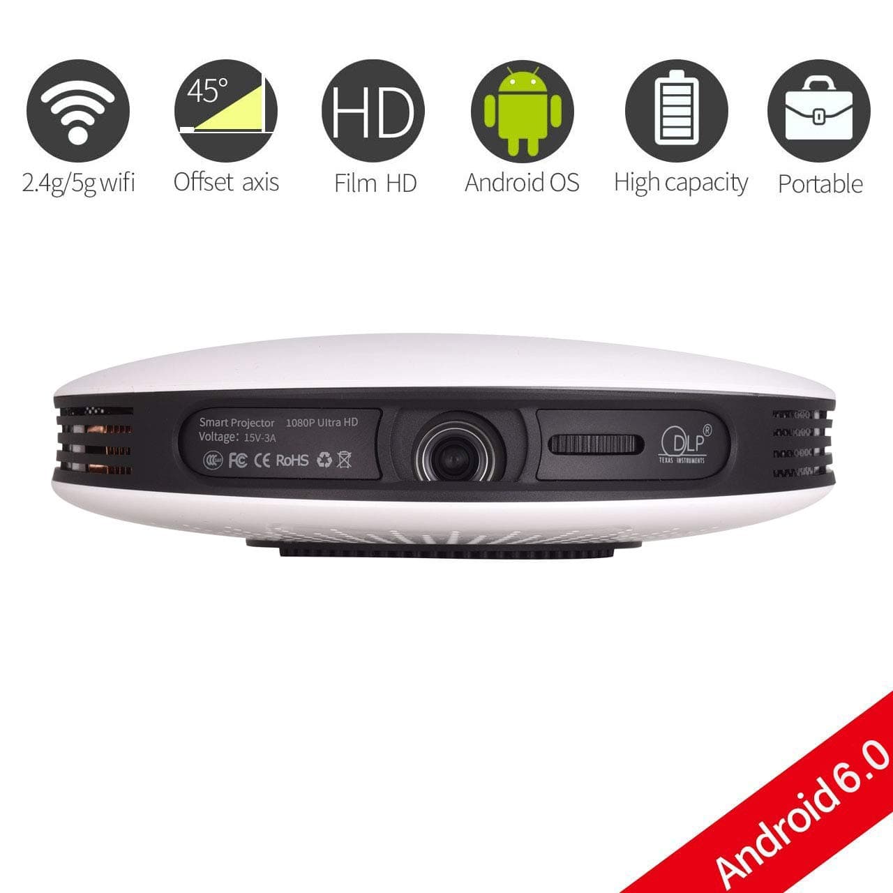 Mini Portable Projector,DLP Home Theater 3D Projector Android6.0 Octa Core CPU GPU 16GB Support 2160P 4K UHD 1080P Full HD 12000mAH Li-Battery with Airplay/MiraCast