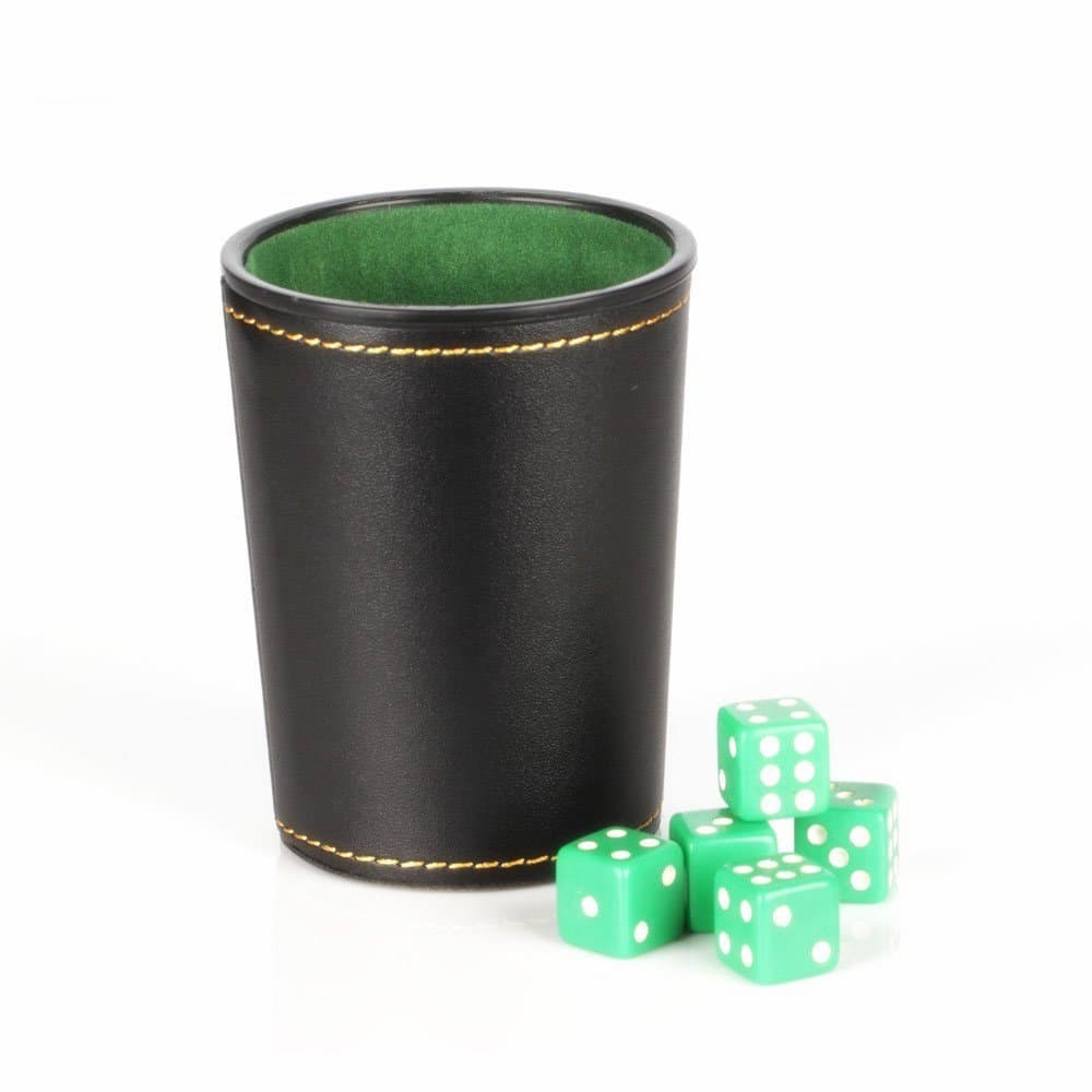Dice Cup with 5 Dices, Bagent PU Leather Felt Lined Professional Mini Dice Shaker Cup Set for Yahtzee / Craps / Backgammon or other Dice Games (Green)