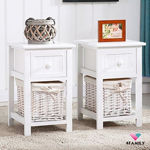 Pair of Retro White Chic Nightstand End Side Bedside Table w/Wicker Storage Wood