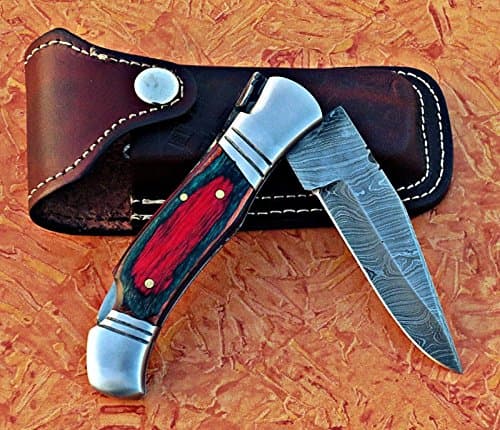 100% Prime Quality Custom Made Multi Color Wood Handle Damascus Steel Folding Pocket Knife W/Case