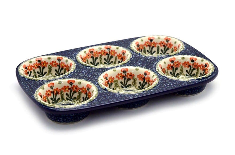 Polish Pottery Muffin Pan - Peach Spring Daisy