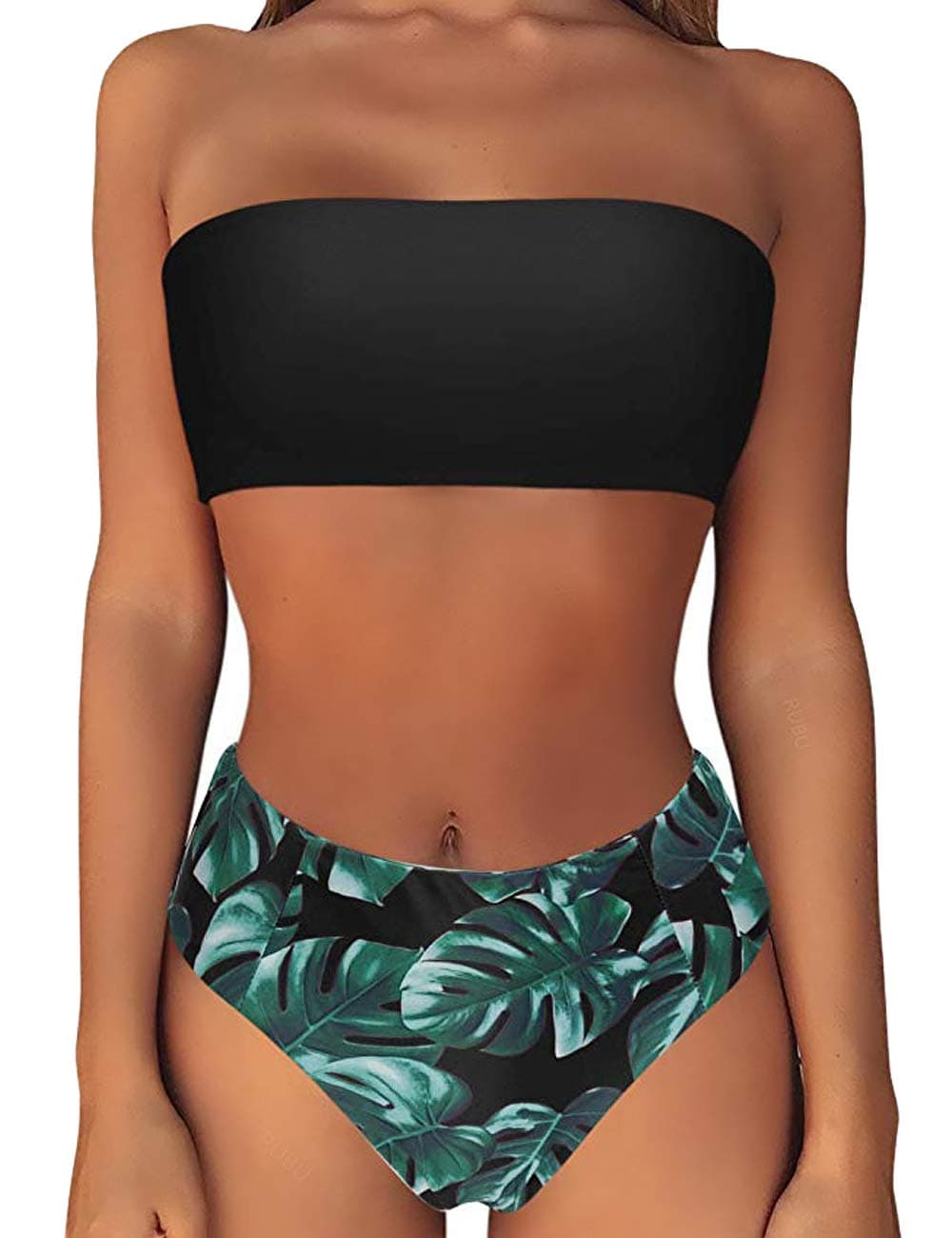 CROSS1946 Women's Padding up Sexy Bikini Set Solid Color Strapless Bandeau Swimsuit High Waist Beachwear