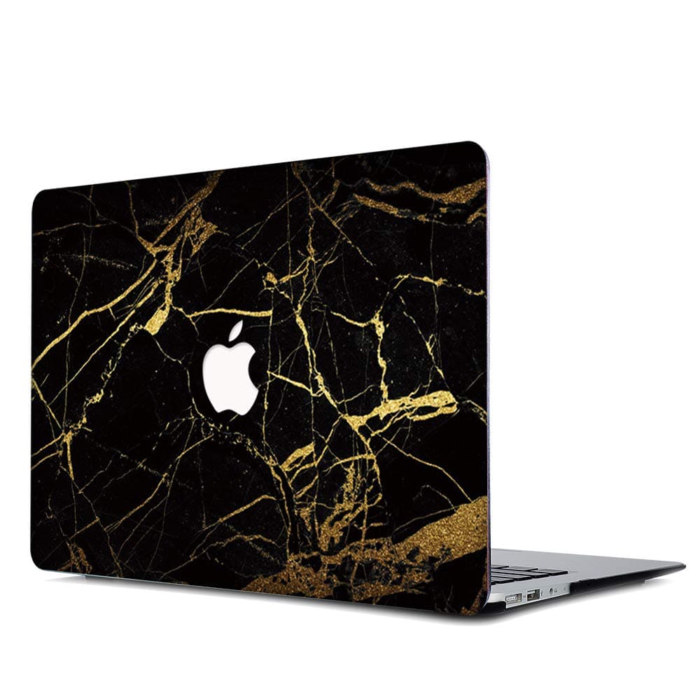 Gusumi Rubberized Plastic Case Hard Shell Cover for MacBook Air 13 Inch (Model: A1369 and A1466), Black & Gold Marble