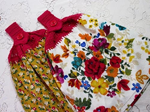 Set of 2 Double Layer Hanging Kitchen Hand Towels, Fall Flowers, Rich Colored Floral Pioneer Woman, Best Quality Crochet Top, Wedding Gift,