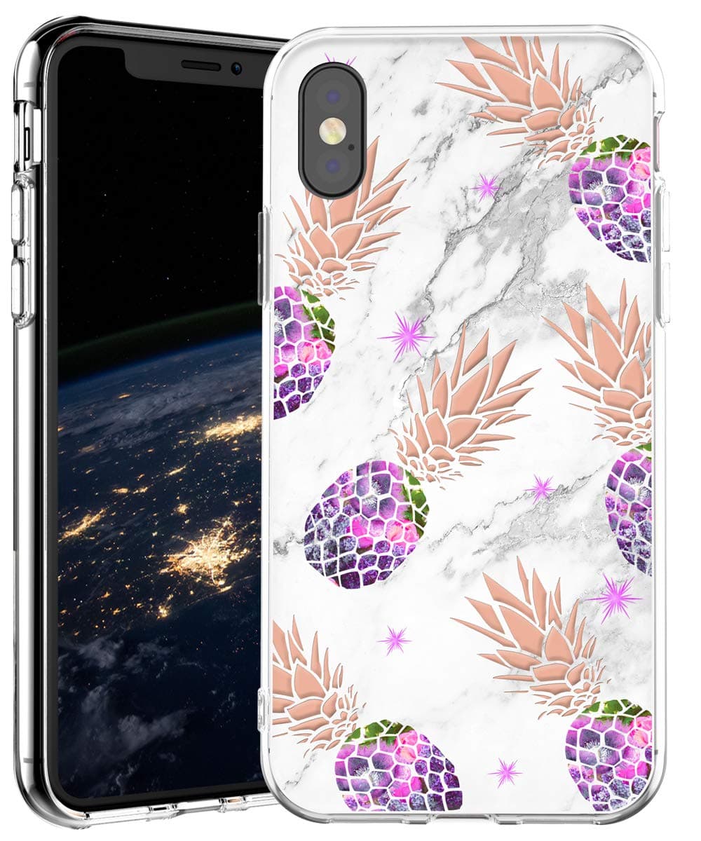 iPhone Xs MAX Case,IN4U Hard Back Flower Design Raised Edge Transparent Anti-Shock TPU Bumper Cover for iPhone Xs MAX 6.5 INCH Case (Purple Pineapple)