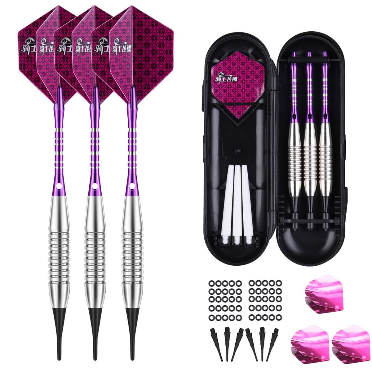 sanfeng Darts Plastic Tip Set - 18g Soft Tip Darts - Nickel Plated Silver Dart Barrel 16 Grams + 50 Anti-Loose O-Rings + 6 Shaft (Aluminum/Nylon 45mm) + 6 Flights + Extra 50 Soft Tips Electronic Dart
