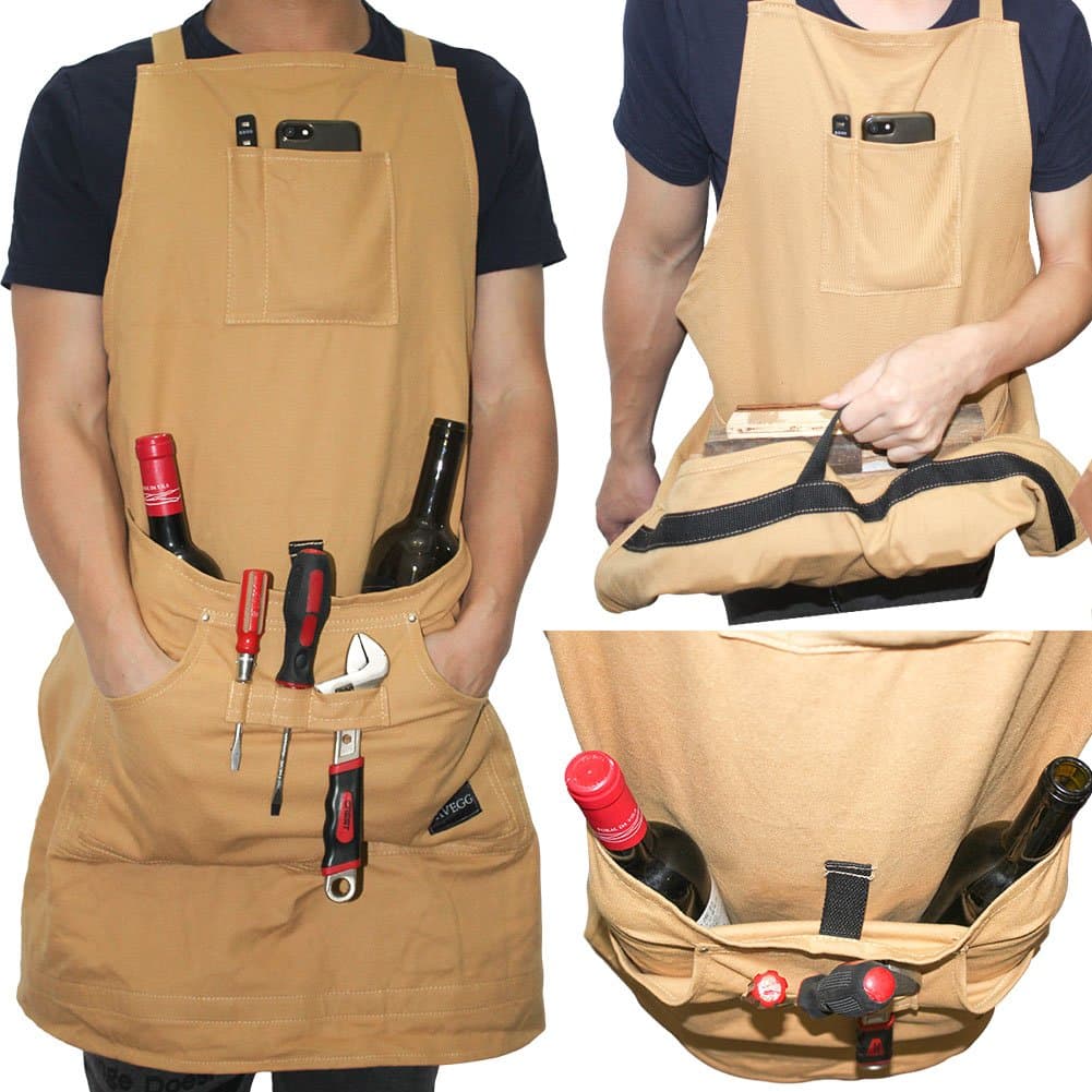 Heavy Duty Cotton Canvas Utility Work Bib Apron, Durable with Special Handle Pouch for Paint, Art, Carpenter, Gardener, BBQ and Men & Women with Cross-Back Straps & Adjustable to XXL, Tan