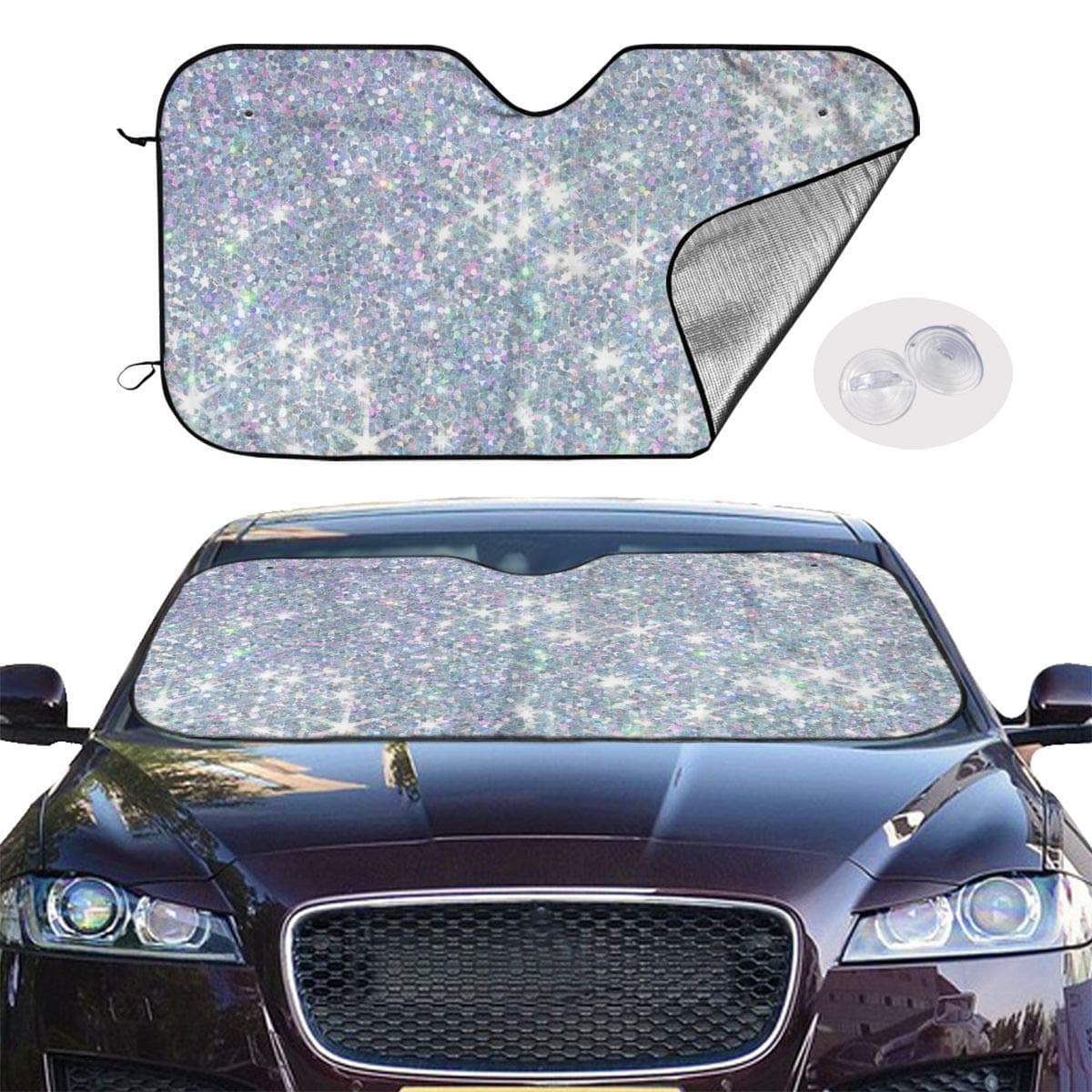 Front Car Sunshade Windshield Silver Sequins Auto Shade for Car Foldable UV Ray Reflector Auto Front Window Sun Shade Visor Shield Cover, Keeps Vehicle Cool (51.2"" X 27.5"")