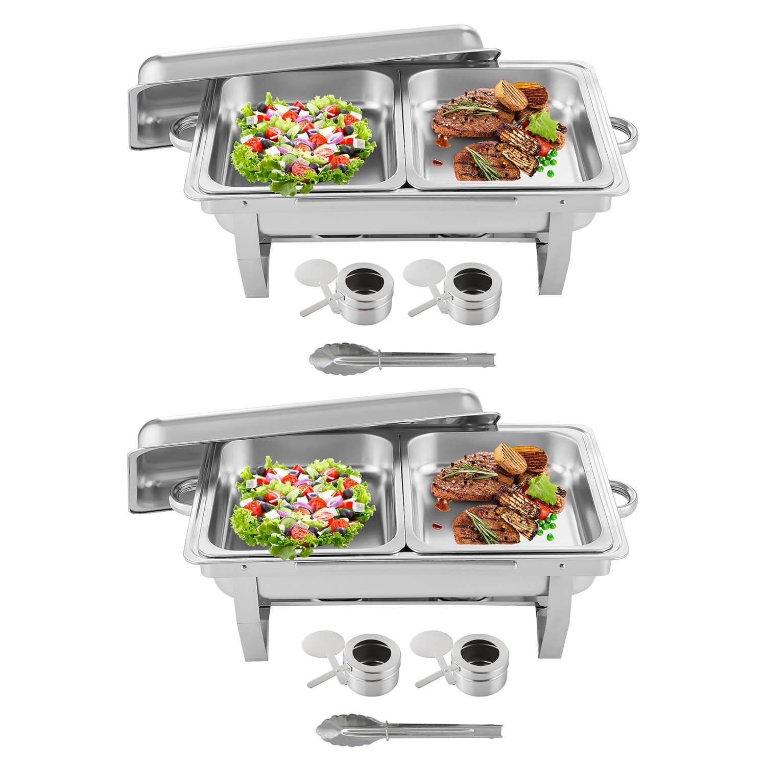 Weanas Chafing Dish 8 Quart Chafer Dish with Folding Frame Stainless Steel Rectangular Chafer Complete Set with 2 Half Size Pan (16 QT 2PACKS)