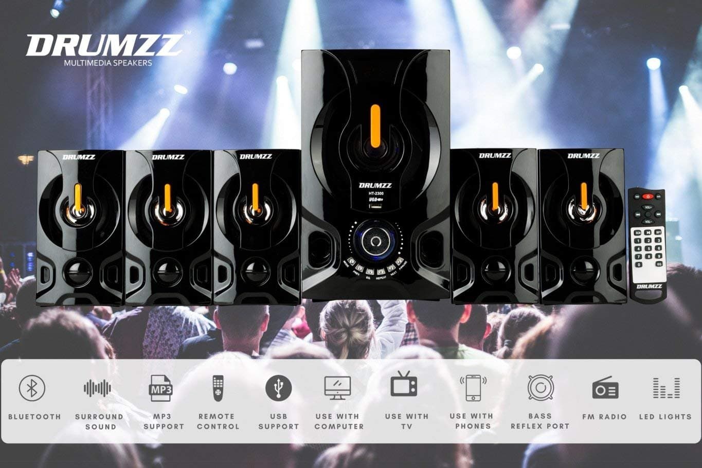 DRUMZZ 5.1 Bluetooth Home Theater System Multimedia Speaker with Digital FM, USB Reader, Dedicated Bass Control and Extension Board