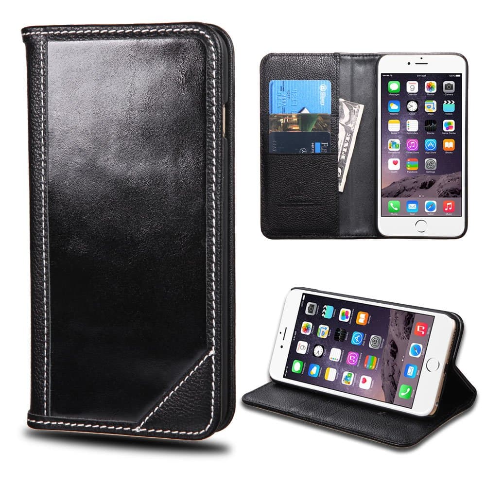 The Tunz (TM) - Apple iPhone 6 Plus 5.5" Inch LCD Phone Case, Luxurious Genuine Leather Wallet Flip Case Pouch Cover Fold Stand case Genuine Cowhide Leather Wallet Flip Case with free Microfiber Cleaning Cloth for iPhone 6 Plus
