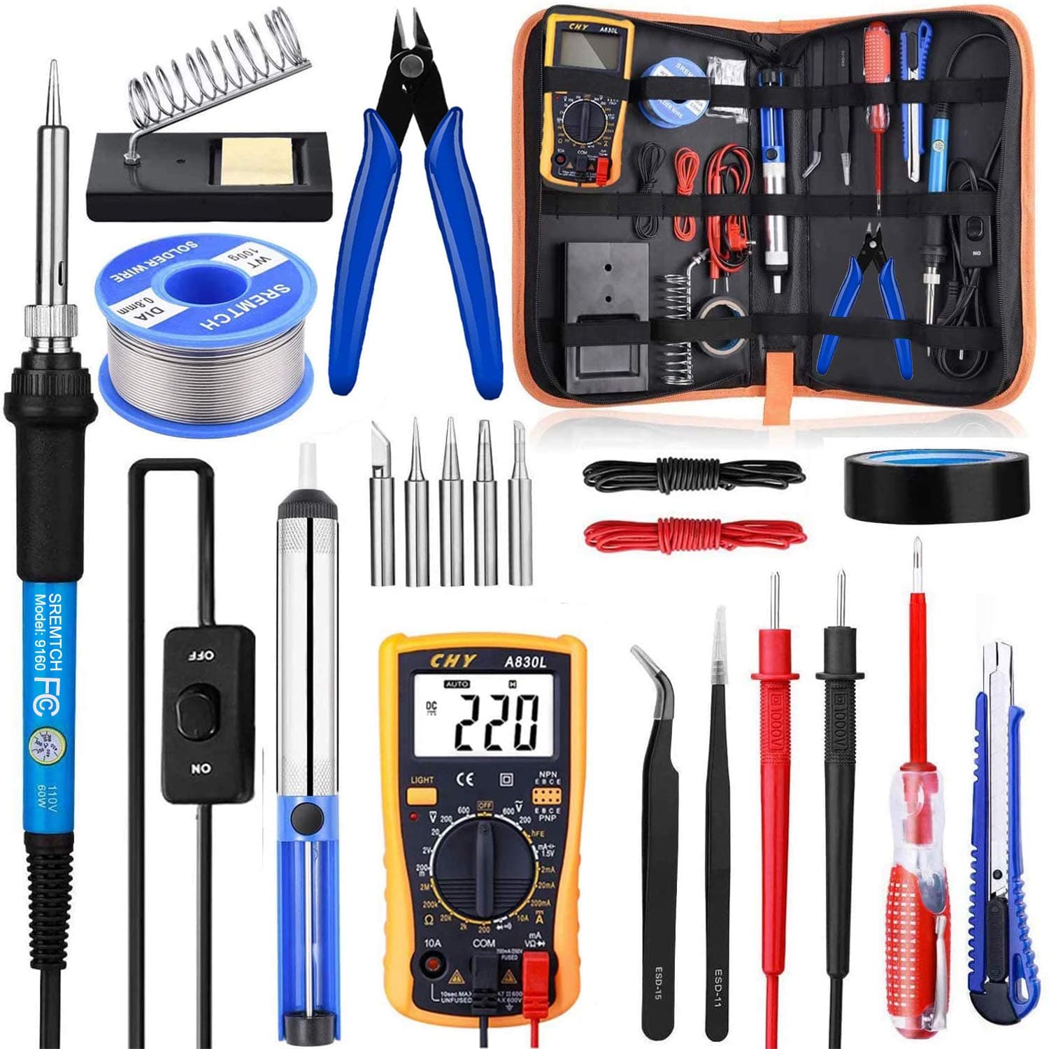 Soldering Iron Kit with ON/OFF Switch, 60W 110V Adjustable Temperature Welding Tool with Digital Multimeter,Soldering Tips,Desoldering Pump,Solder Wire,Tweezers,Stand,Wire Stripper Cut(Blue)