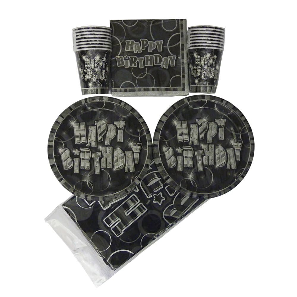 Party Supplies - Tableware Pack – Happy Birthday Black Glitz Party Bundle – 16 Paper Plates, 16 Napkins, 16 Cups, 1 Tablecover - Disposable Tableware – Partyware For Kids - 49 items total.
