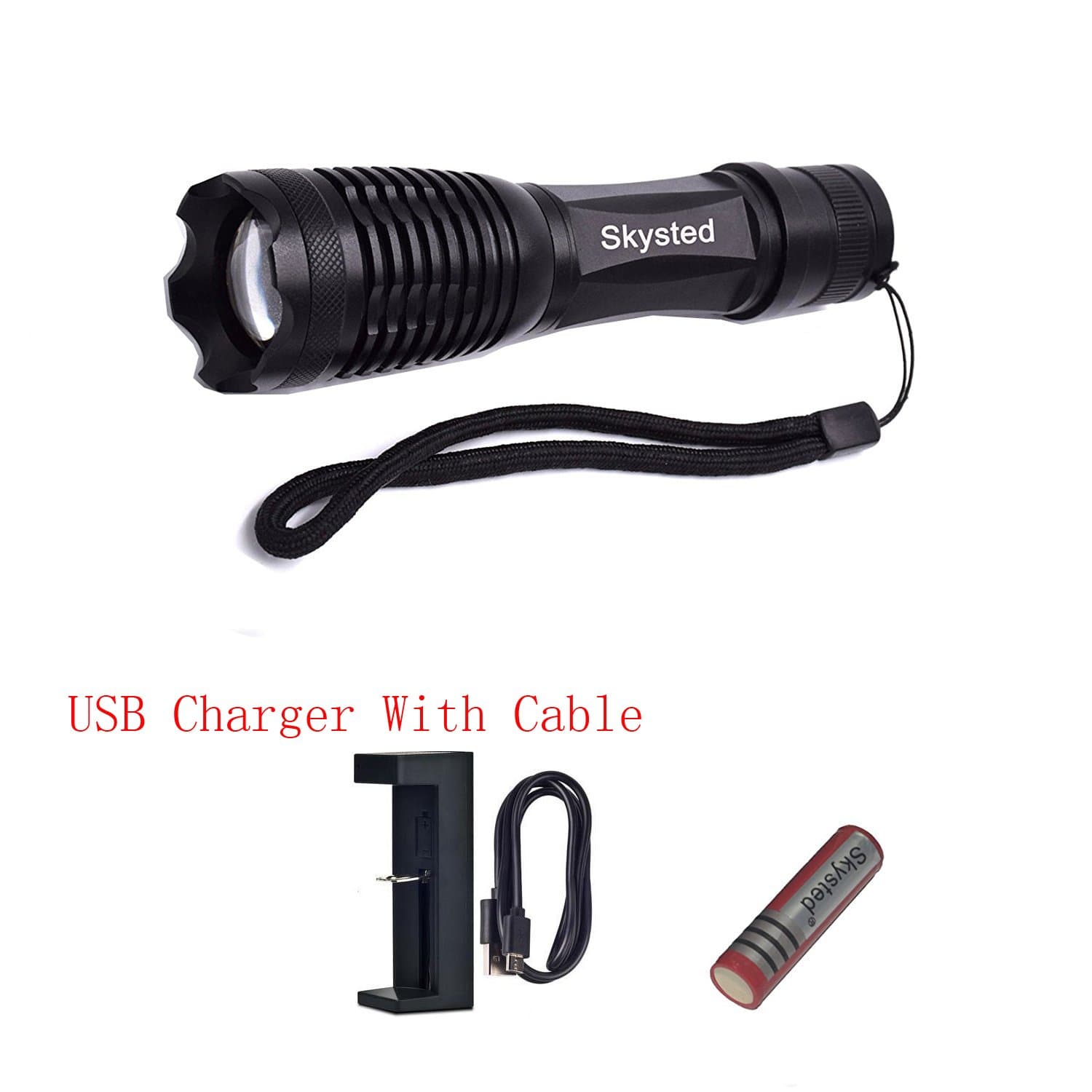 Skysted E6 The Brightest 1200 Lumen Single Mode Zoomable Cree XM-L2 U2 U3 Bulb Handheld Tactical LED Flashlight Kit,Rechargeable Lithium 18650 Battery and USB Charger
