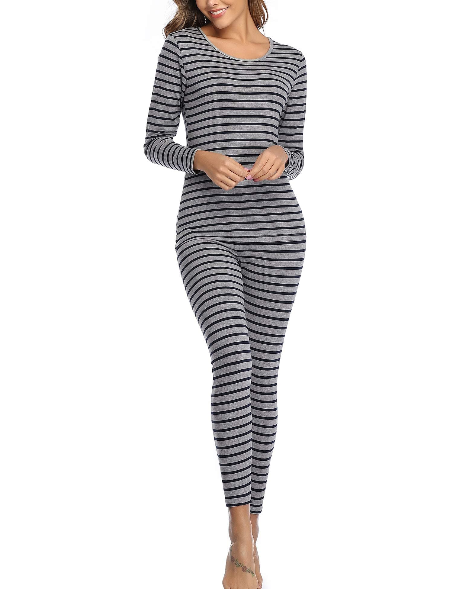 Fleece Lined Stripe Thermal Underwear Set Long Johns Base Layer Base Layer Skiing Winter Warm Top & Bottom