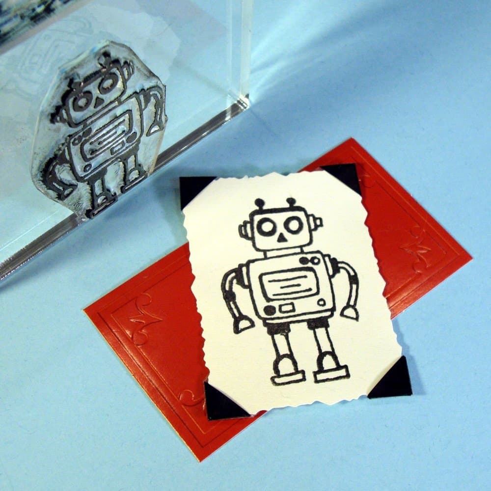 Robot Stamp, clear polymer cling 2.25"x1.5", includes storage case and block mount