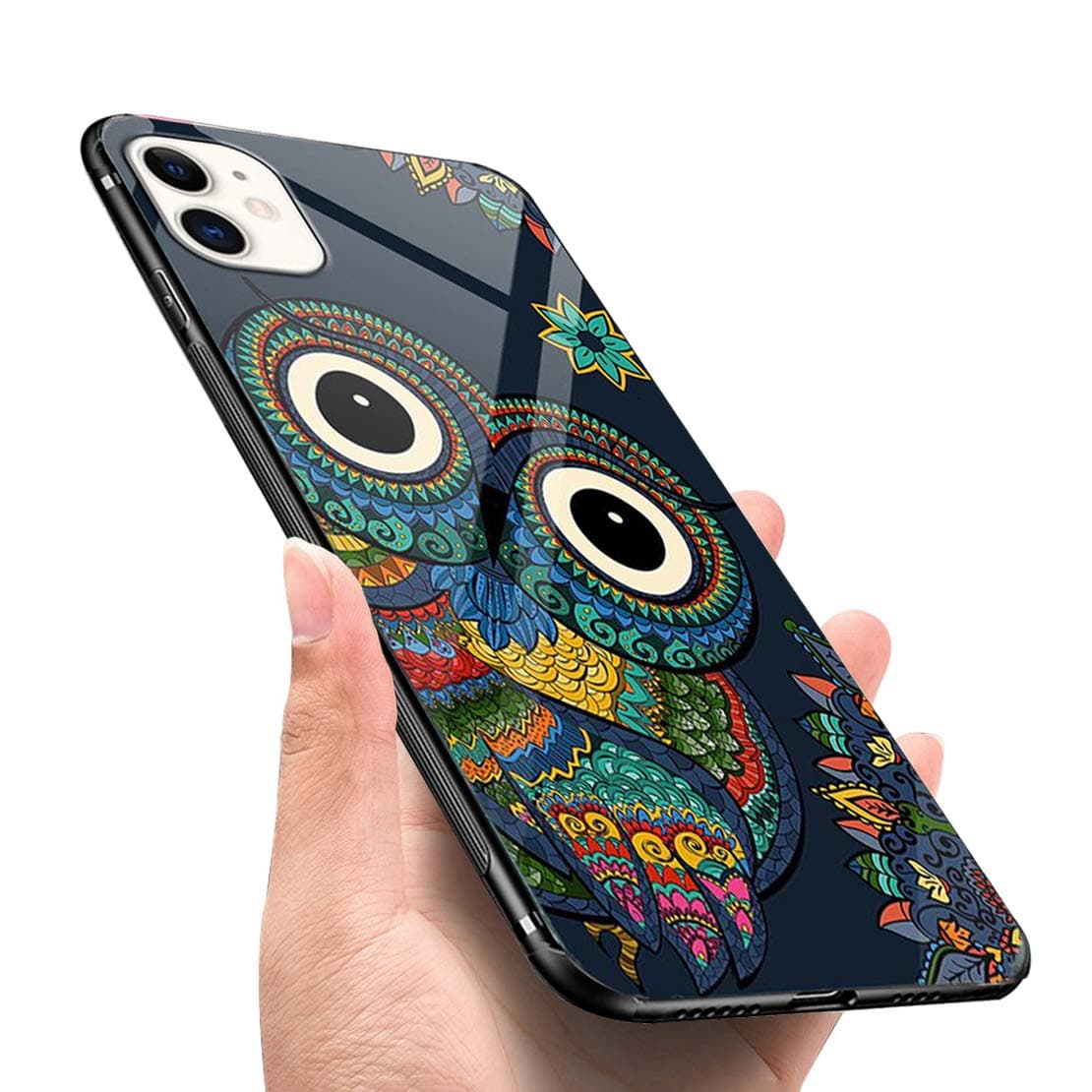 LANYOS Compatible iPhone 11 Case, Ultra-Thin Tempered Glass Pattern Painted Back Cover + Soft TPU Bumper Frame (6.1 inch 2019) (Owl)