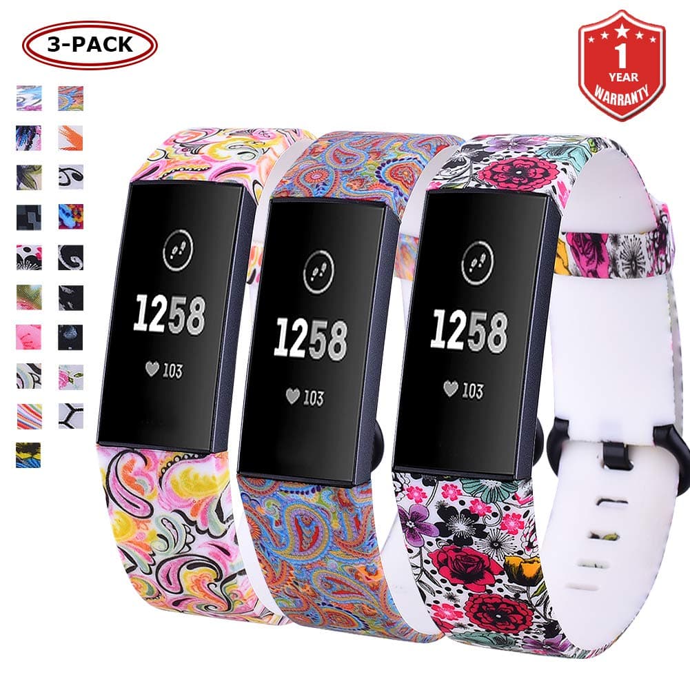 FunBand Compatible with Fitbit Charge 3 Strap Bands,Unique Elegant Floral Pattern Printed Soft Silicone Sport Adjustable Replacement Bracelet for Fitbit Charge 3 Fitness Activity Wristband