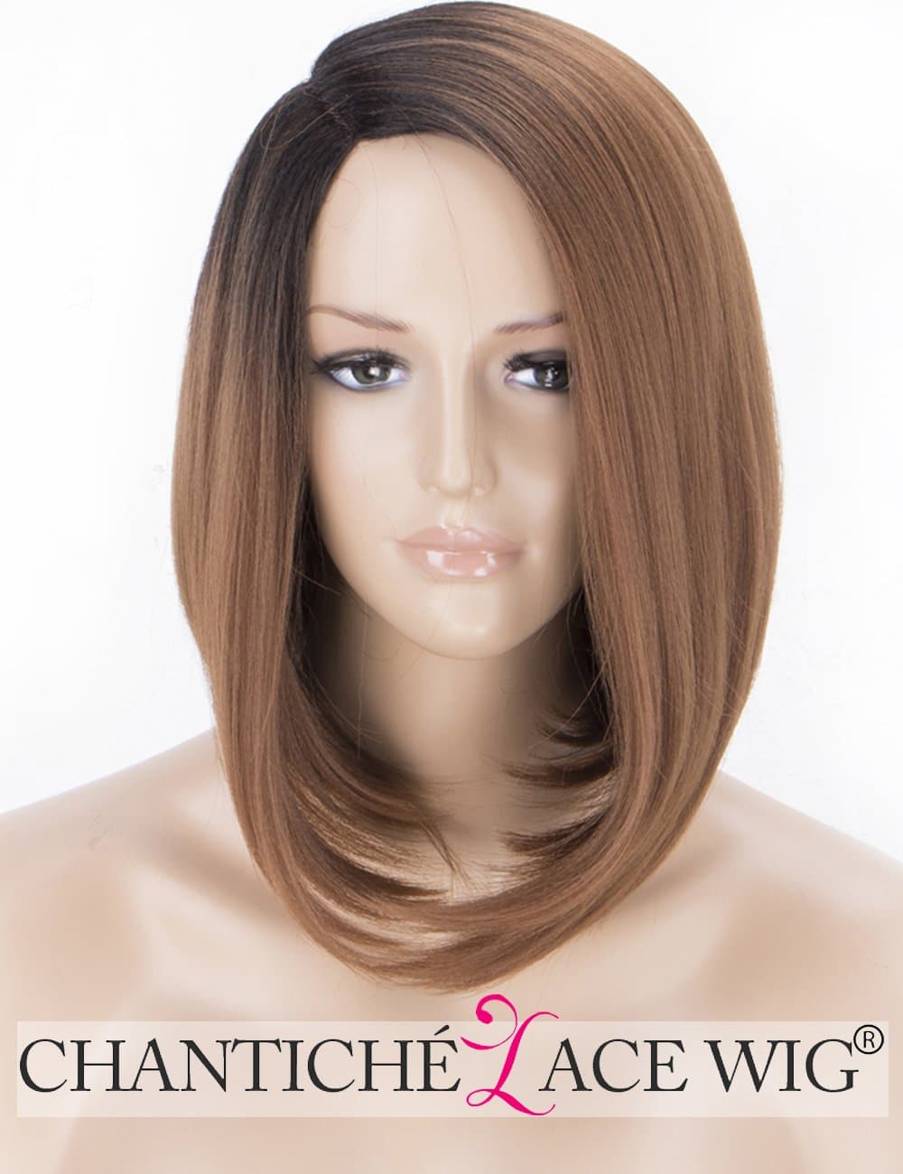 Chantiche Ombre Brown Lace Front Wig (U Shaped) Realistic Looking Short Bob Synthetic Wigs for Women Heat Resistant Left & Right Part Christmas Wig 14 Inch