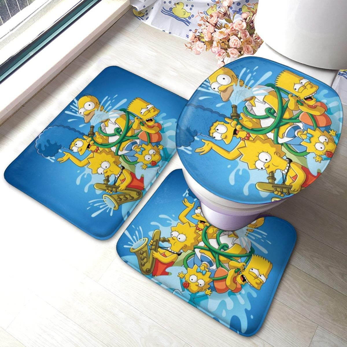The Simpsons Bathroom Non Slip Mat 3 Piece Set Soft Comfortable Non Slip Mat + Toilet Sats + Contour Mats, Water Absorbent Carpet Bathrooms Non Slip Mat Set