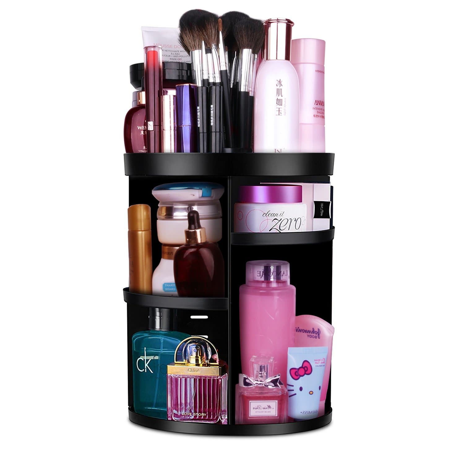 MOFIR Makeup Organizer 360 Degree Rotating, Adjustable Multi-Function Cosmetics Storage Box, Small Size Extra Large Capacity, Fits Different Sizes of Cosmetics (Circle with Grid Top, Black)