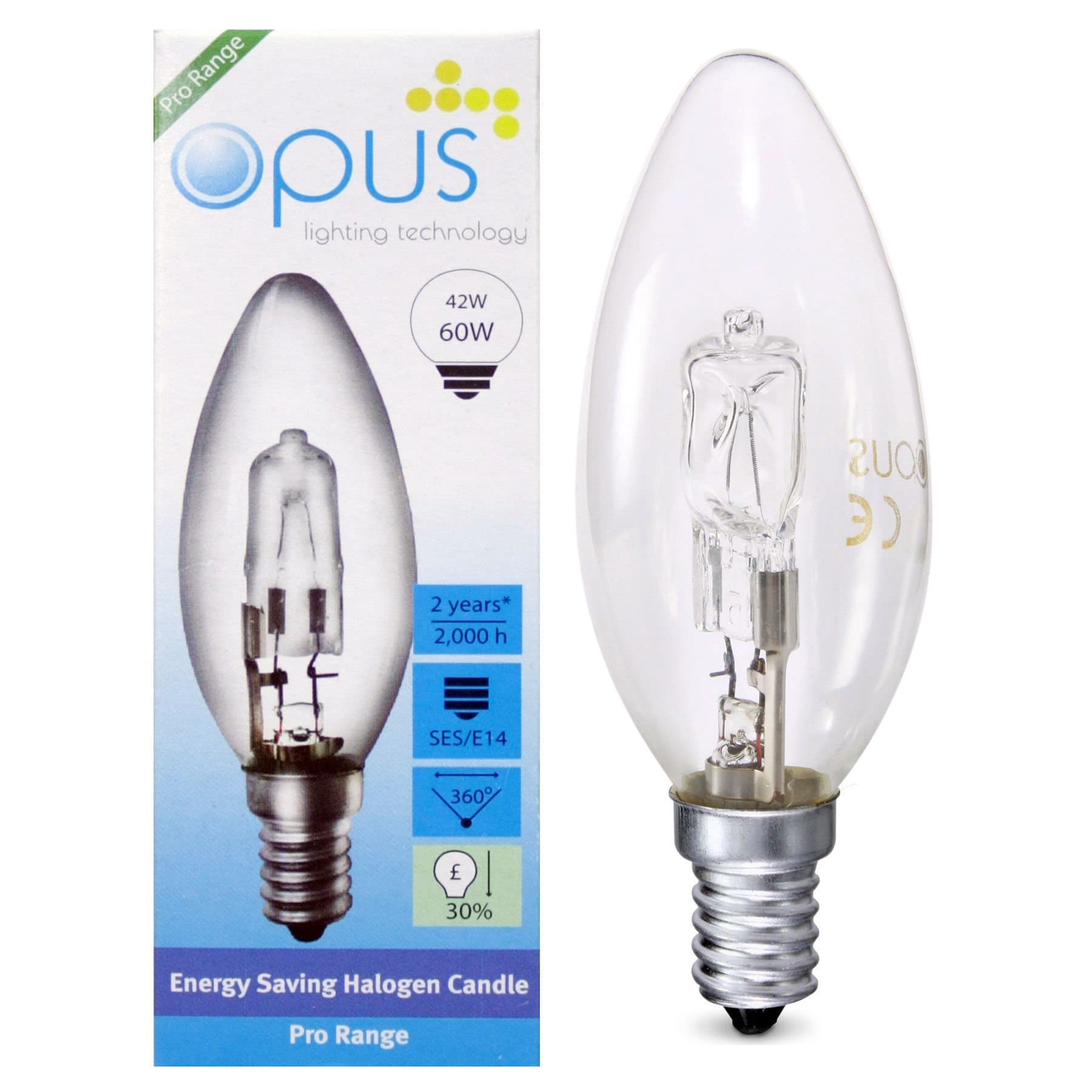 5 x Opus 42 watt = 60 watt Halogen Candle Light Bulb SES E14 Dimmable Energy Saving Lamps
