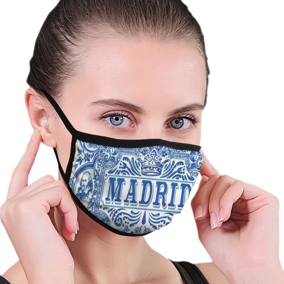 Comfortable Windproof mask,Madrid Calligraphy Traditional Painted Tin Graphic Tile Azulejo Print,Printed Facial decorations for adult