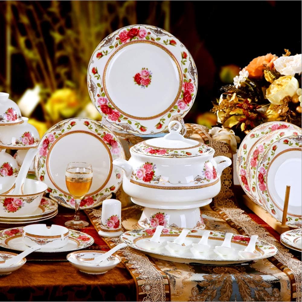 YLee Bone china dinnerware set, 44 Pcs of Flower rain porcelain tableware Chinese porcelain Tableware set, Suitable for microwave ovens and dishwashers