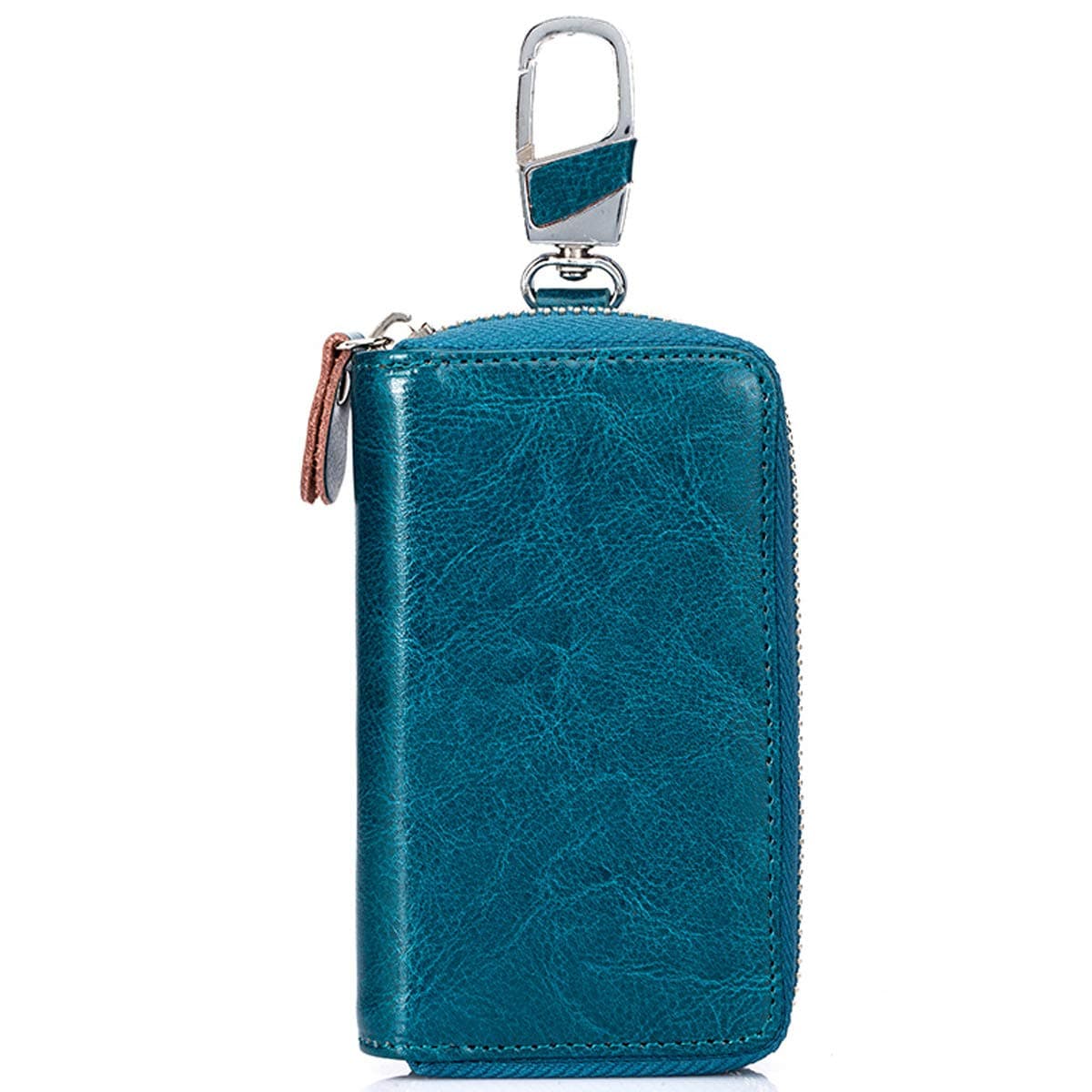 Genuine Leather Key Case Car Key Wallet with 12 Hook Zip Around Keychain Holder for Men and Women (Peacock Blue)