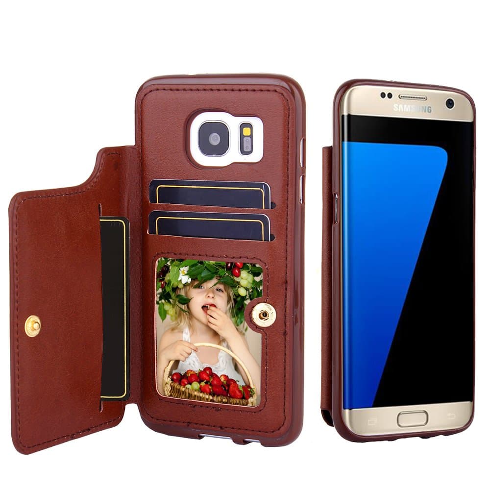 CSTOP ZOOM Series, Galaxy S7 Edge Wallet Case, 2 ID Credit Card Slot, Cash Slot, Button Snap, Flip-Out Back Leather Drop Protection Case For Samsung Galaxy S7 Edge - Brown