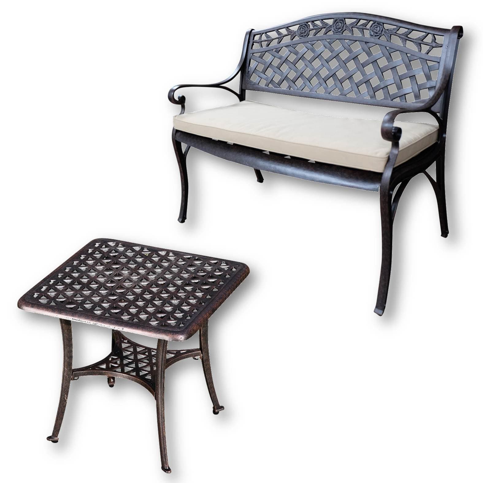 Lazy Susan Sandra Coffee Table With Rose Bench, Sand-cast Aluminium Garden Furniture Set, Weatherproof, Maintenance-free, Antique Bronze Finish, Stone Cushion