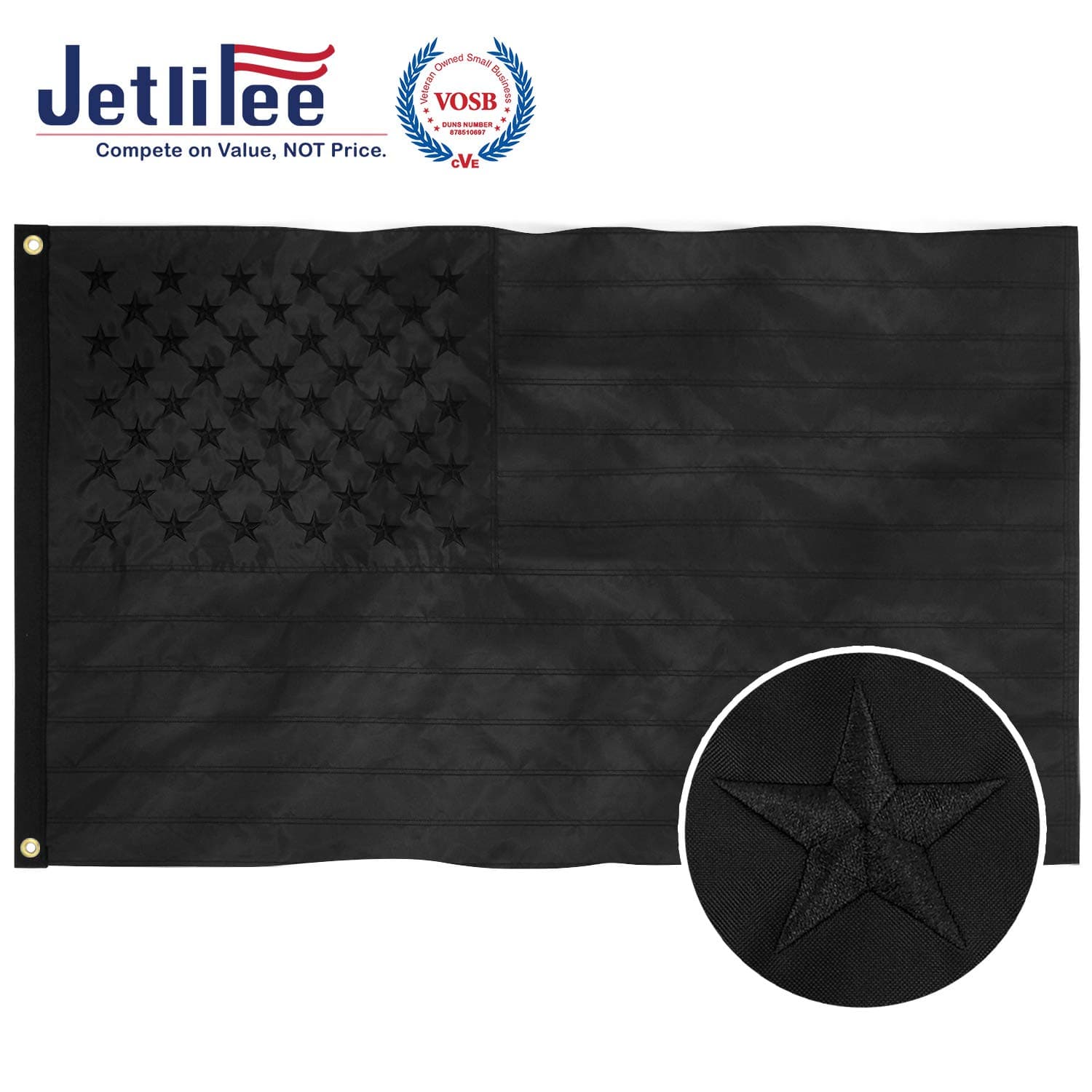Black American Flags 3x5 Ft, Heavy Duty US Flags with Embroidered Star Sewn Stripes, Brass Grommets Black USA Flag, UV Protection for Outdoors All Black Flag