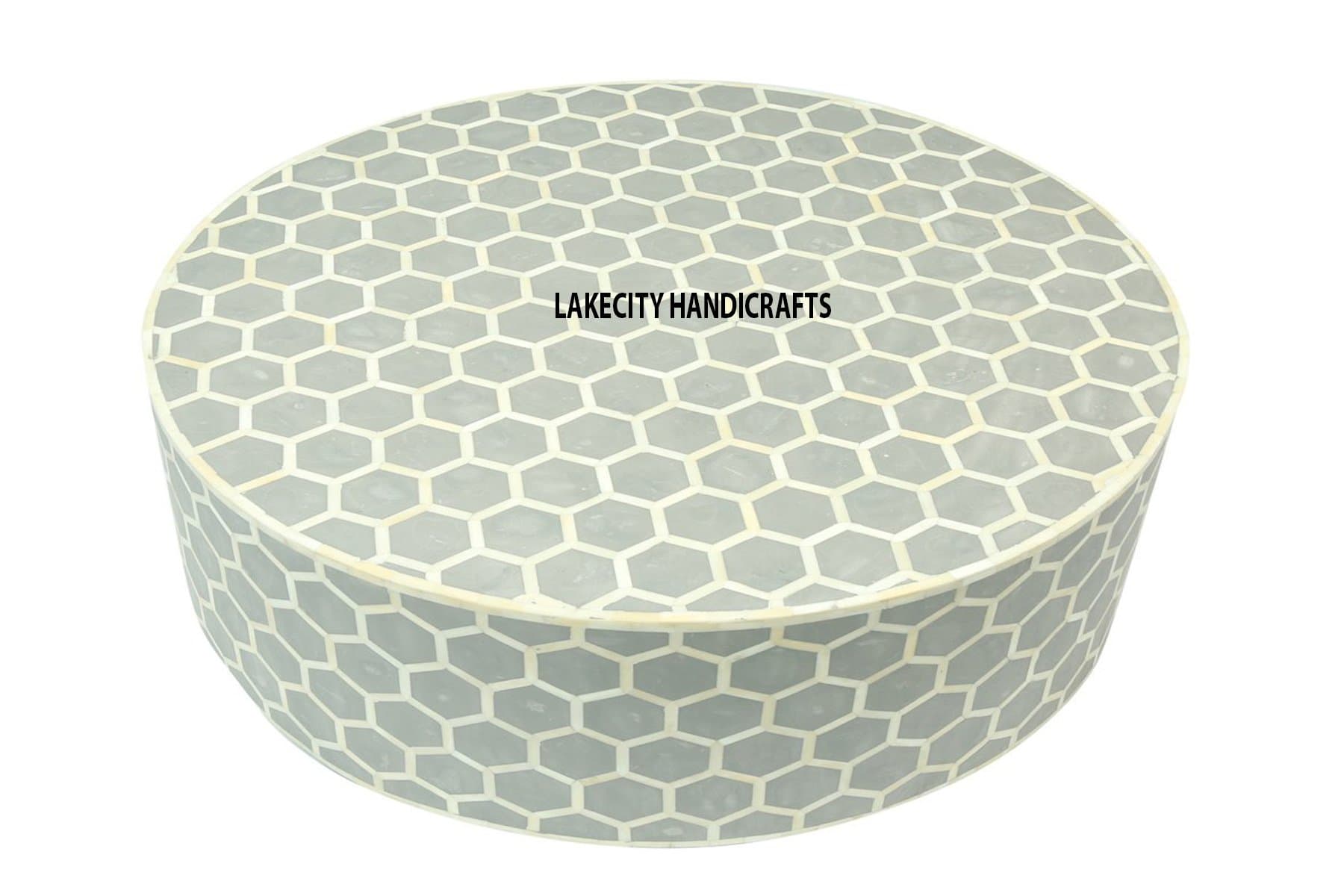 Bone Inlay Coffee Table Round in Grey Honeycomb Design