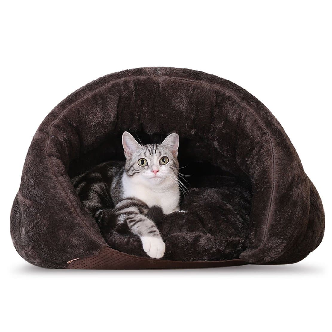 Make you perfect Self-Warming Cat Bed Plush Cat Sleep Bag Cozy Cave Covered Dog Beds for Small Dogs Heated Cat Bed Indoor Pet Triangle Nest