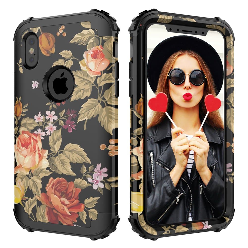 Digital Hutty Case for iPhone Xs,Case for iPhone X, 3 in 1 Shockproof Heavy Duty Full-Body Protective Cover for Apple iPhone Xs 2018 iPhone X Flower