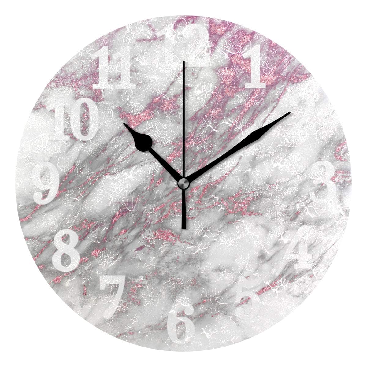 WIHVE Decorative Wall Clock White Pink Marble Silent Round Clock Non Ticking Living Room Home Decor