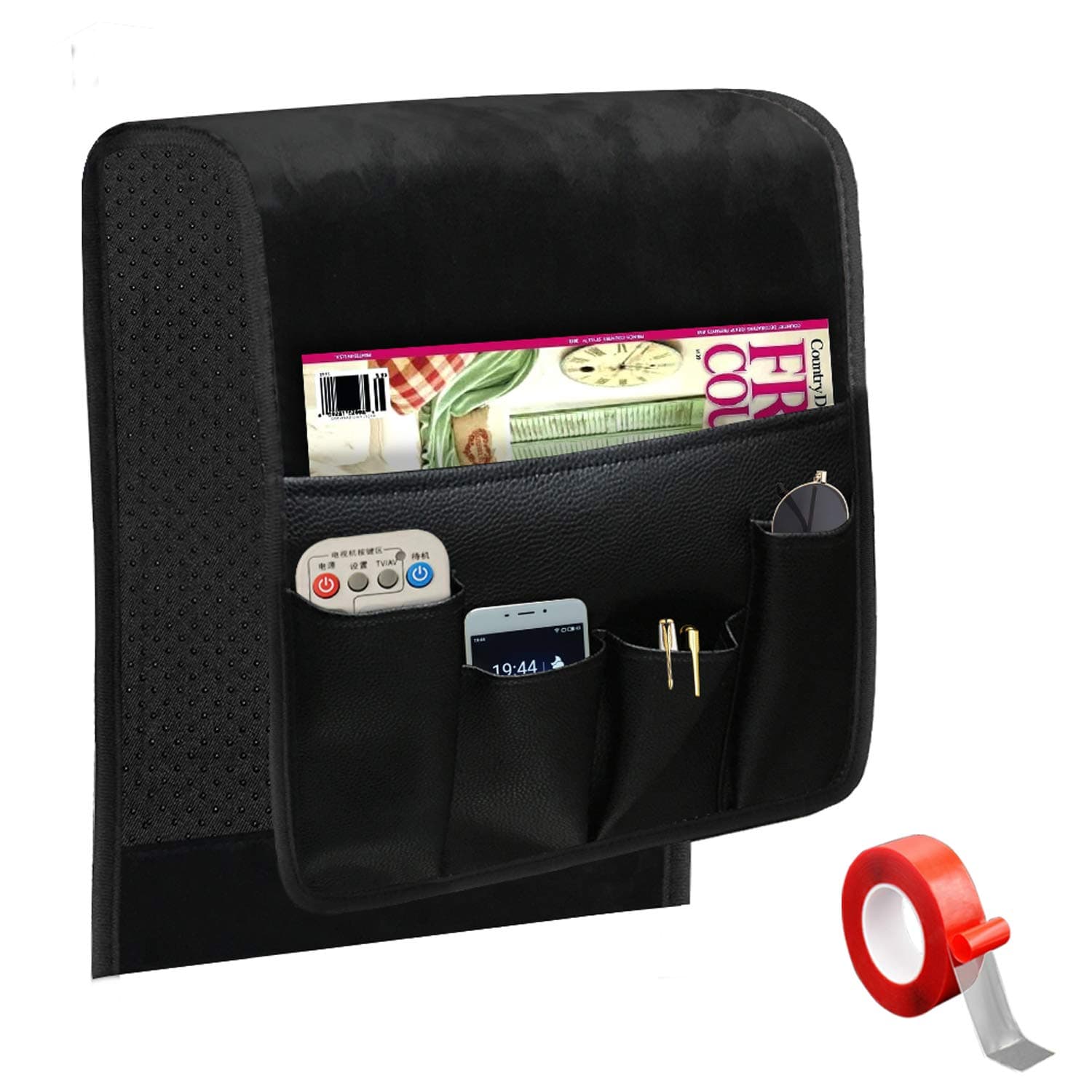 Non-Slip Sofa Recliner Remote Control Holder, Waterproof Soft Sofa Chair Couch Armrest Organizer with 7 Pockets Armchair Caddy for Tablets, Phones, Book, Magazines, Ipad, Remotes (Black)