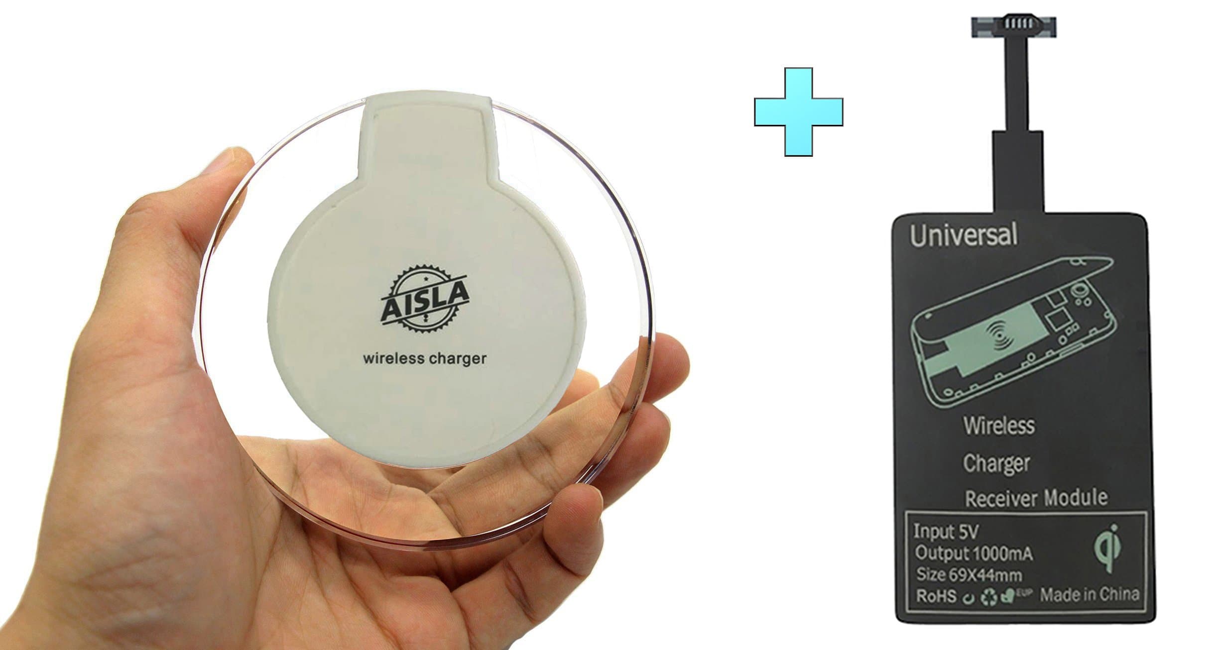 AISLA FAST WIRELESS CHARGER + RECEIVER + FREE USB LED light. Portable Ultra-slim, Slip-proof with Blue LED light. Compatible for all Qi-Enabled Devices.