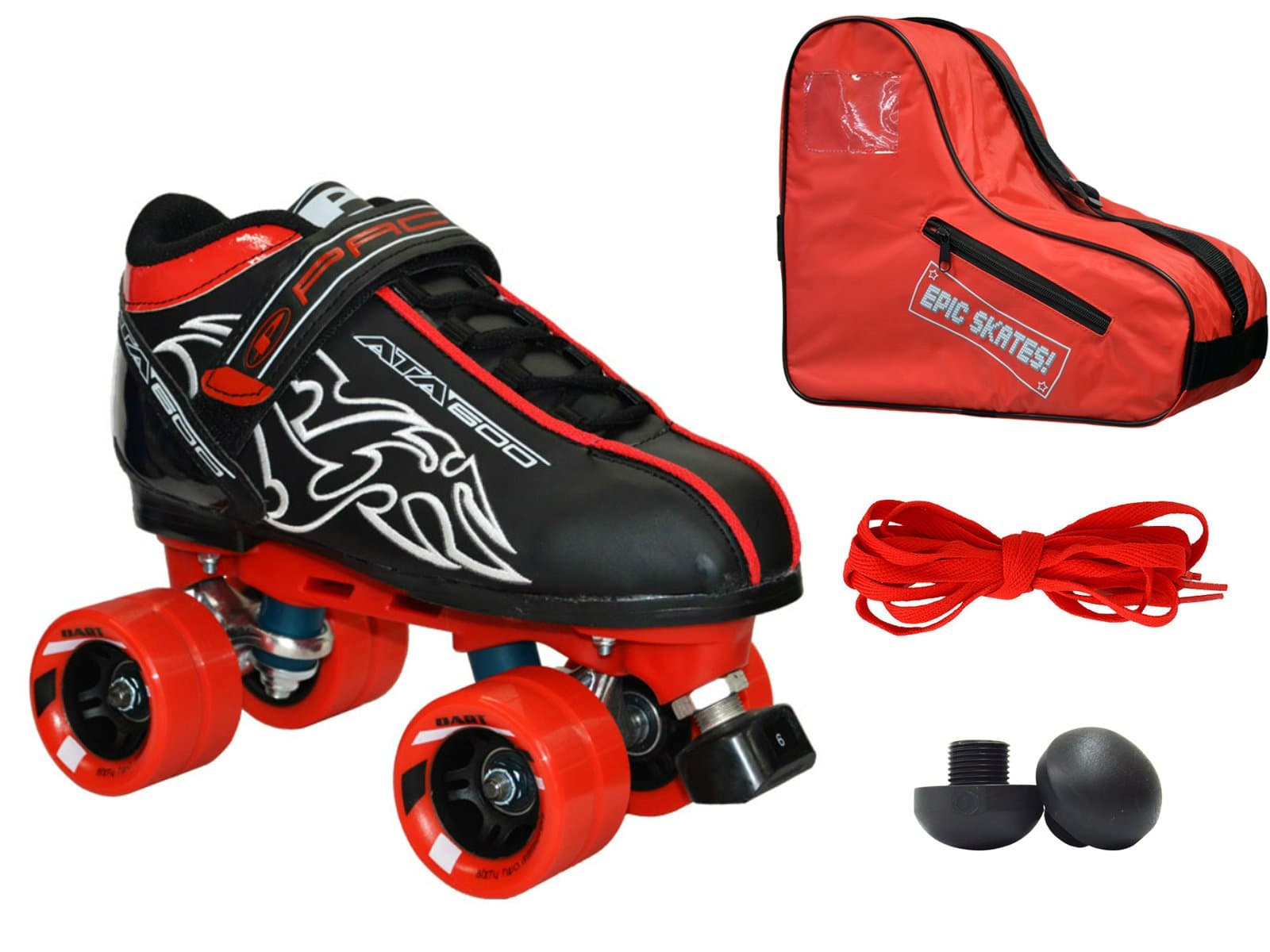 New! Customized Pacer Black ATA-600 Quad Roller Speed Skate 4pc. Bundle w/ Red Dart Wheels, Bag, Toe Plugs & Laces! (Mens 9)