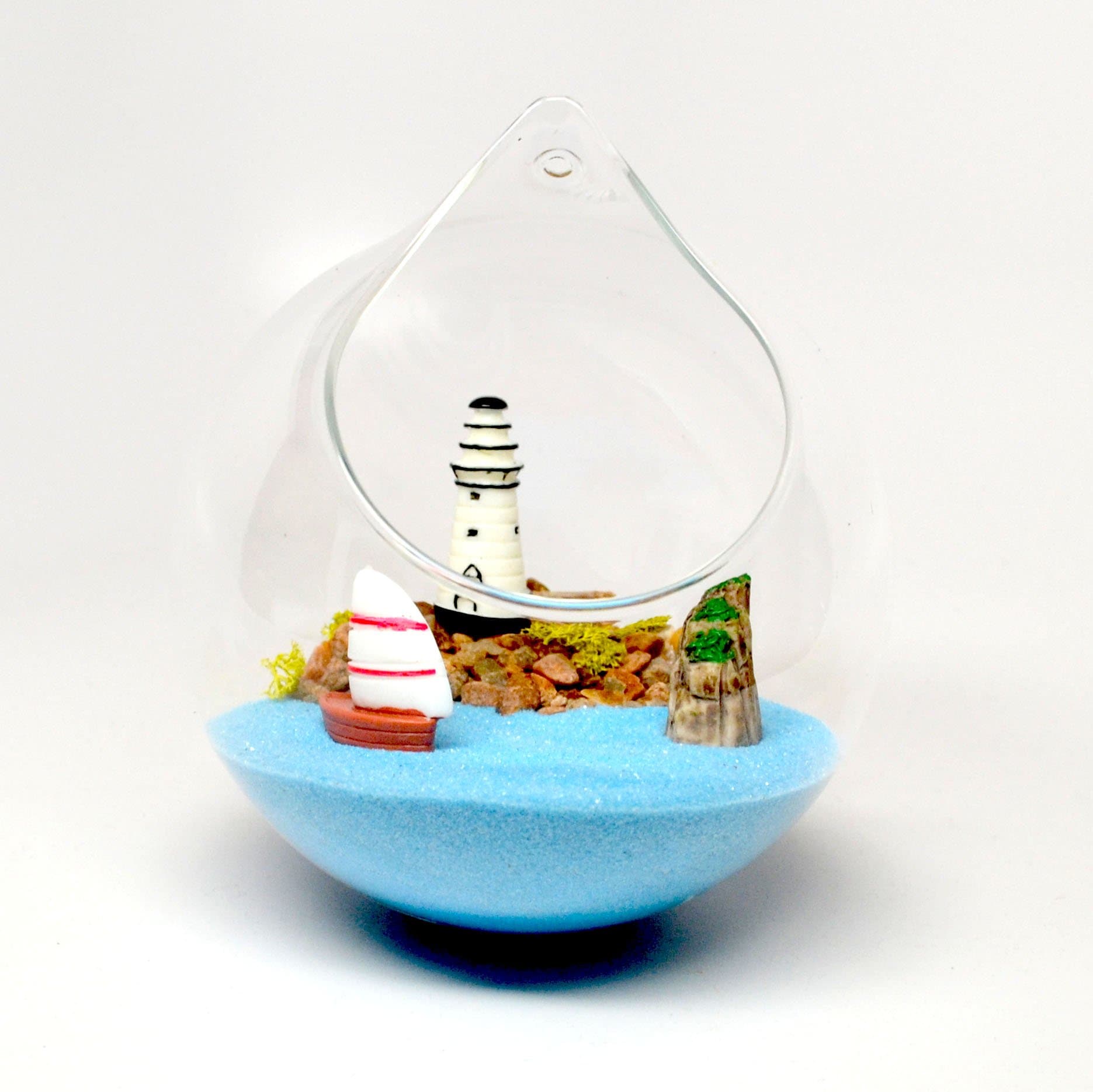 Pixie Glare Hanging Glass Terrarium Lighthouse Island Miniature Scene (Light Blue)