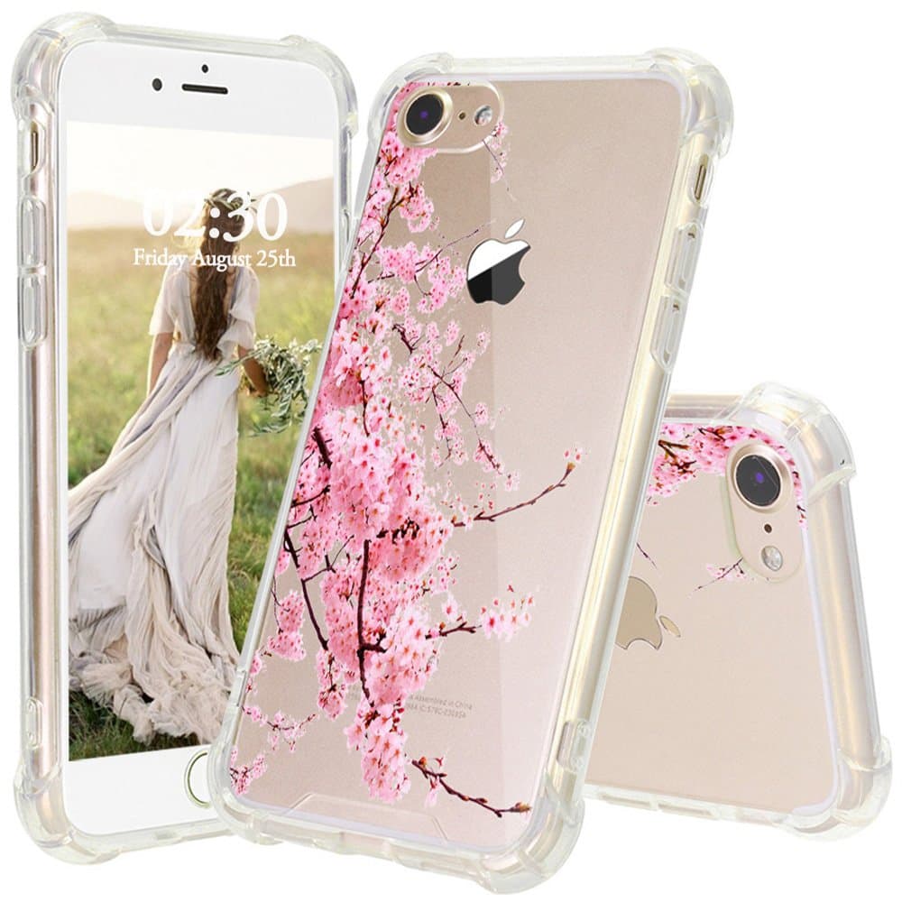 iPhone 8 Case, JEXICASE Cherry Blossoms Girl Pattern Clear Shock Absorption Technology Bumper Hybrid Protective Cover Case for iPhone 8 4.7 Inch