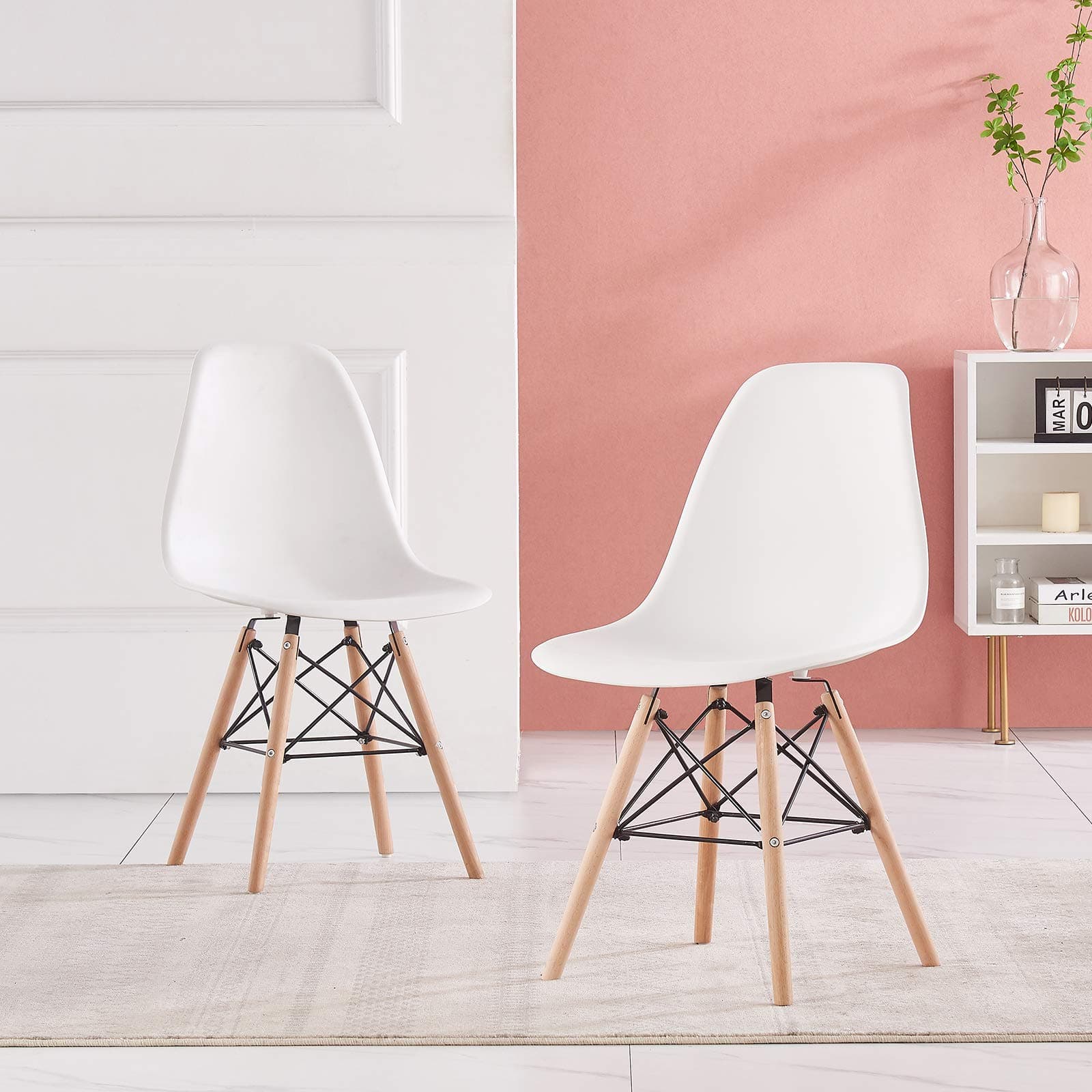 AINPECCA Set of 2 Eiffel Dining Chairs Plastic Seat with Solid Beech Wooden Legs Upgrade Support Structure Dressing Lounge Home (White, 2)