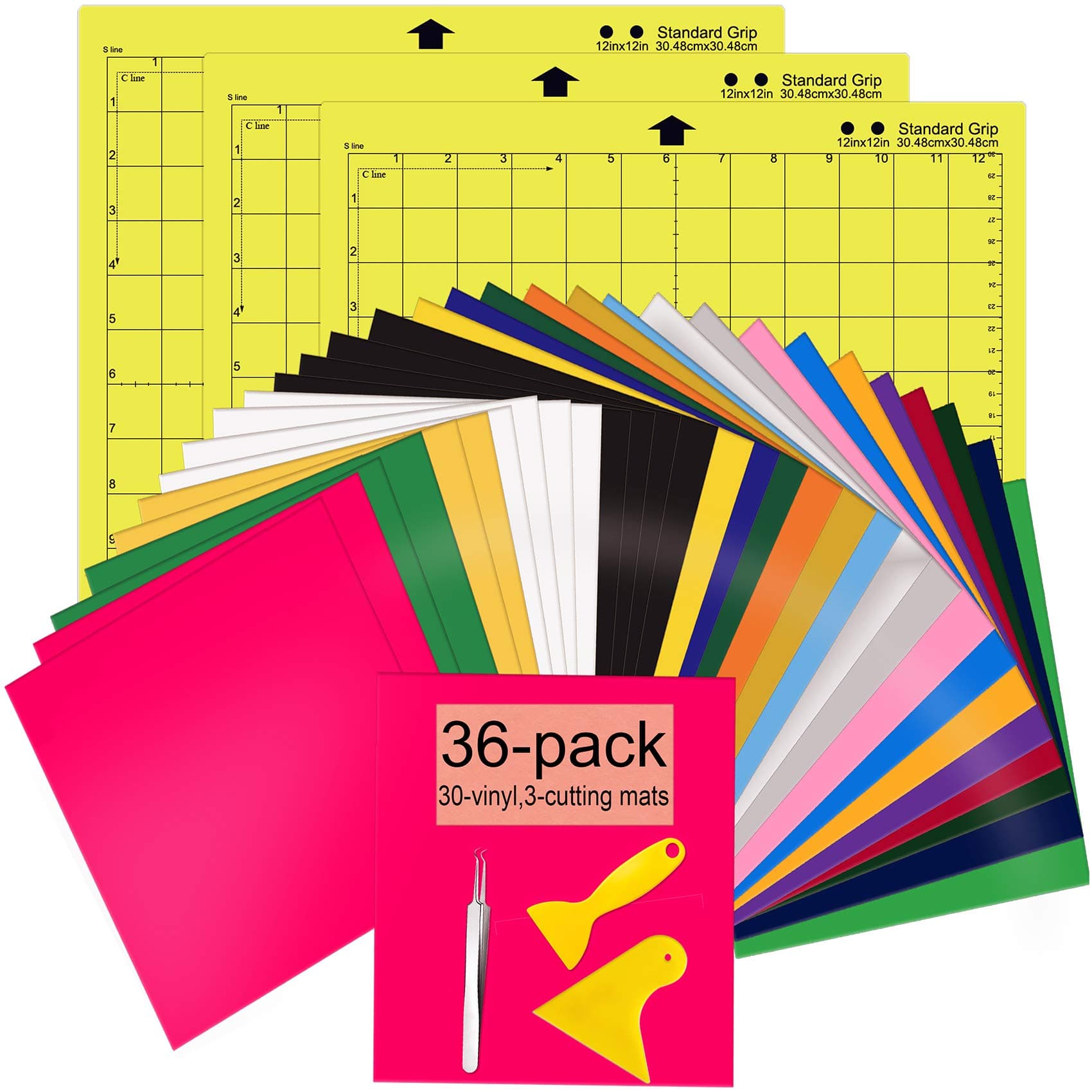 HTV Heat Transfer Vinyl Bundle - 30 Sheets 12" x 10" Iron on Vinyl Sheets Heat Press Vinyl Assorted Colors with 3 Pack Cutting Mats 3 Pcs Weeding Tools for Cricut DIY Iron on Fabrics T-Shirts