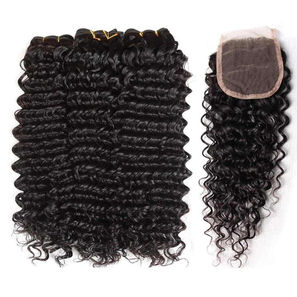 Deep Wave Bundles With Closure 3 Bundles with Lace Closure Free Part 100% Unprocessed Brazilian Virgin Human Hair Weave Extensions Bundles and Closure (16 18 20+14inch closure) …