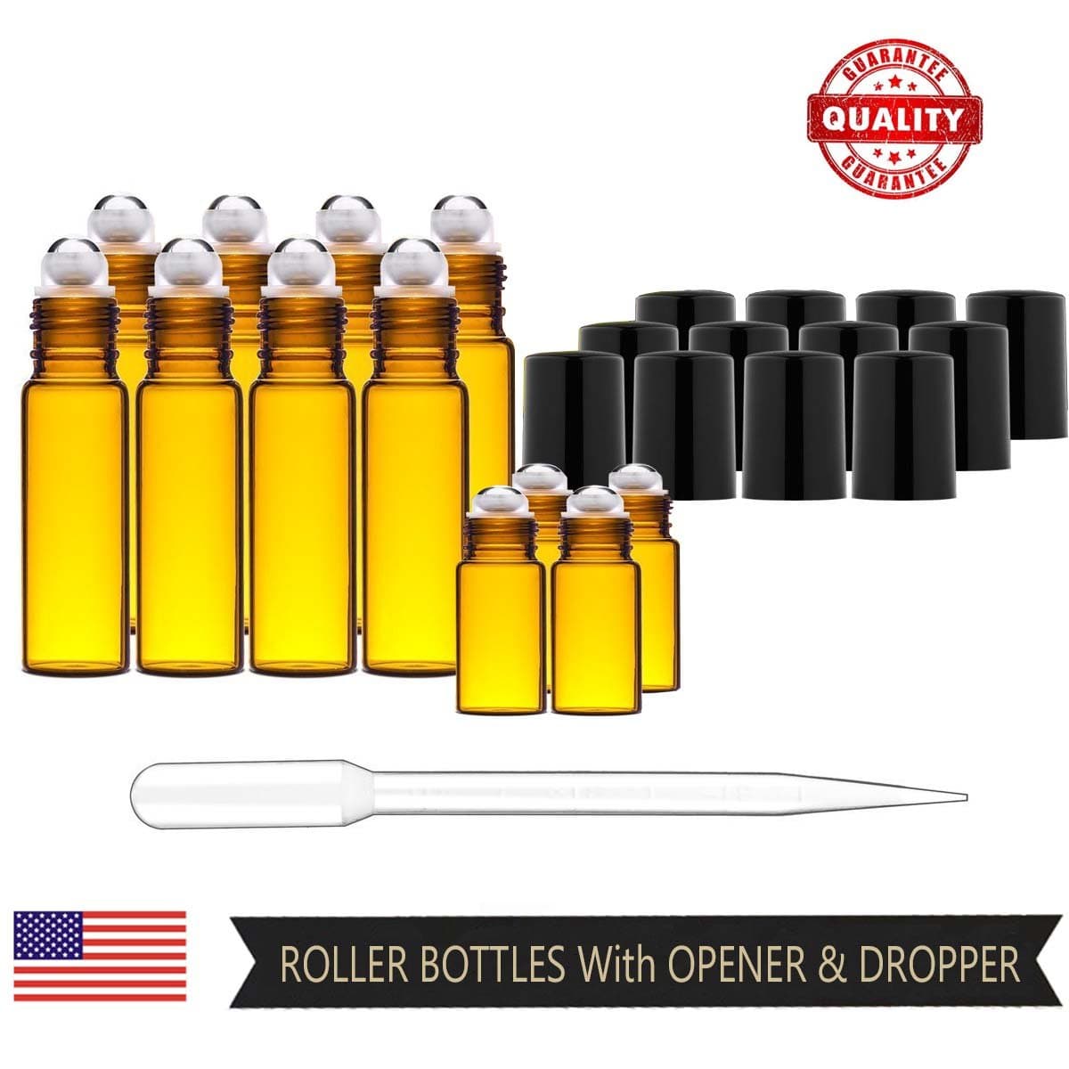 Amber Roller Bottles Roll On Bottles with Steel Roller Balls for Essential Oils, Perfume, Wax, Lip Balm, Deodorant, set of 12, 10ml & 3ml, WITH FREE OPENER & DROPPER