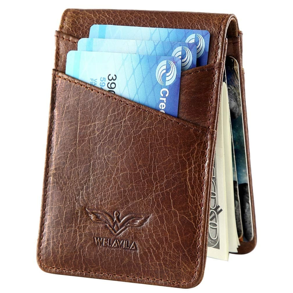 Wallets for Men-Slim Minimalist Front Pocket RFID Blocking Bifold Genuine Leather Mens Wallet with ID Window Gift Box (Light Brown)