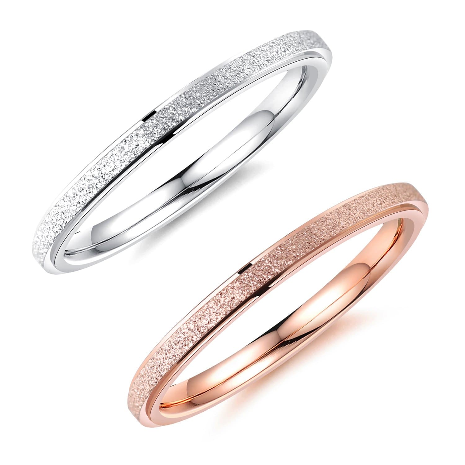 MgTree 2mm Rose Gold and Silver 2PCS a Set Stainless Steel Sand Blast Finish Engagement Rings for Women Girls, Sizes 4 to 10